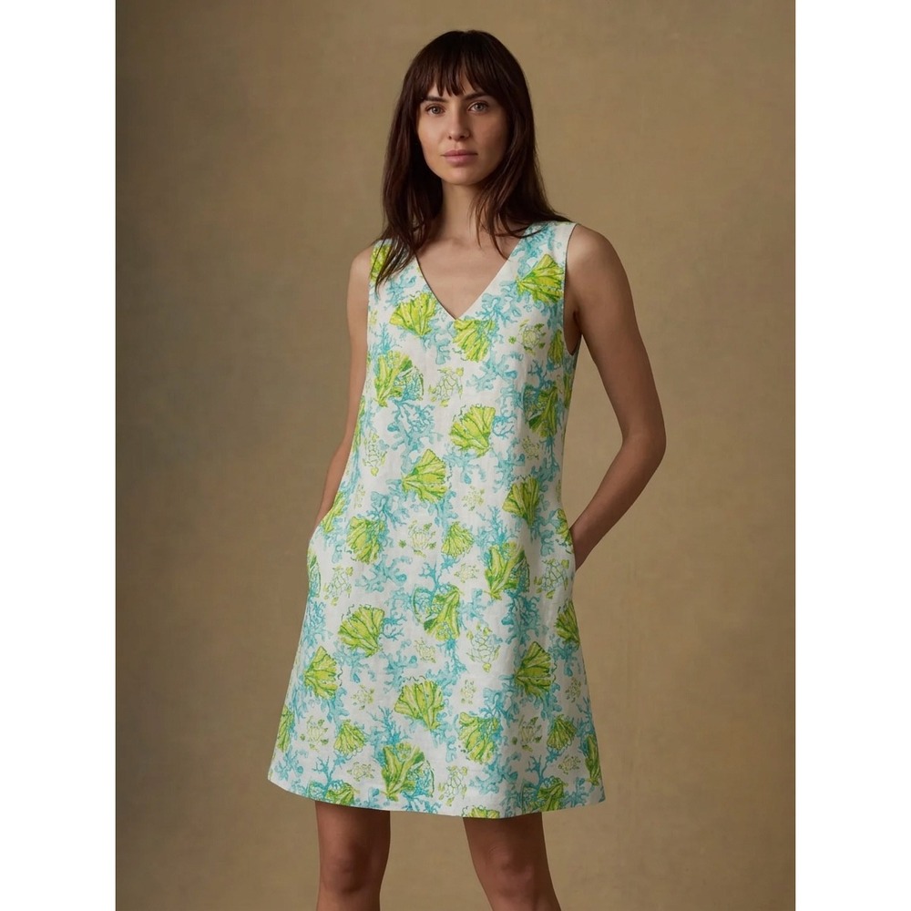 J. Jill Love Linen Sea Turtle Coral Print V-Neck Shift Dress Blue Green Large